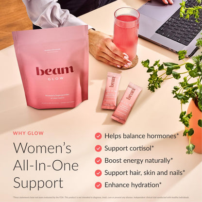Beam Glow Frauen Wellness Nahrungsergänzungsmittel, Cortisol Unterstützung mit Ashwagandha für Frauen, Tägliche Vitamine für Zyklusgesundheit, Stimmung, Energie & Stressunterstützung mit Selen, Zink, Vitamin A, Biotin, B-Vitaminen