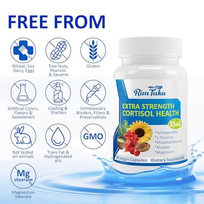 RimTuku Cortisol Supplements für Frauen & Männer - 15-in-1 Cortisol Detox, Cortisol Manager & Reducer mit Ashwagandha, Rhodiola Rosea unterstützt Stressabbau, Nebennieren-Balance, 60 Kapseln