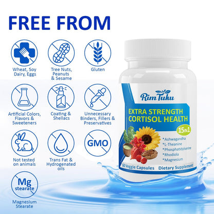RimTuku Cortisol Supplements für Frauen & Männer - 15-in-1 Cortisol Detox, Cortisol Manager & Reducer mit Ashwagandha, Rhodiola Rosea unterstützt Stressabbau, Nebennieren-Balance, 60 Kapseln