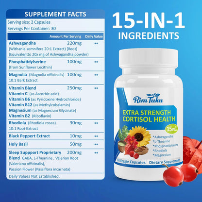 RimTuku Cortisol Supplements für Frauen & Männer - 15-in-1 Cortisol Detox, Cortisol Manager & Reducer mit Ashwagandha, Rhodiola Rosea unterstützt Stressabbau, Nebennieren-Balance, 60 Kapseln