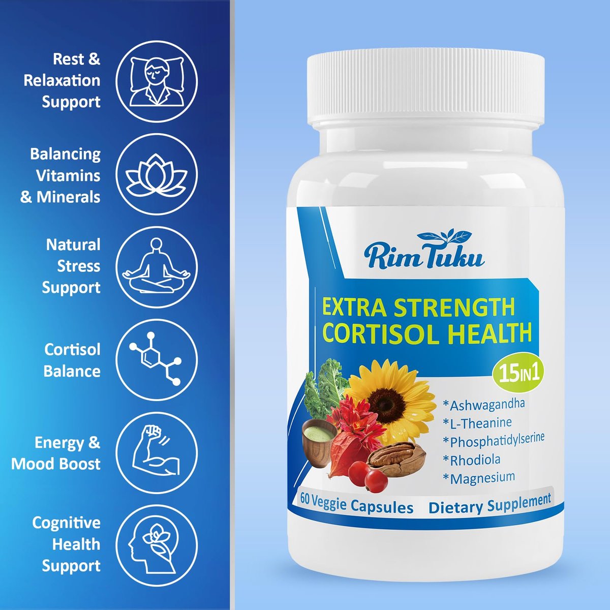 RimTuku Cortisol Supplements für Frauen & Männer - 15-in-1 Cortisol Detox, Cortisol Manager & Reducer mit Ashwagandha, Rhodiola Rosea unterstützt Stressabbau, Nebennieren-Balance, 60 Kapseln