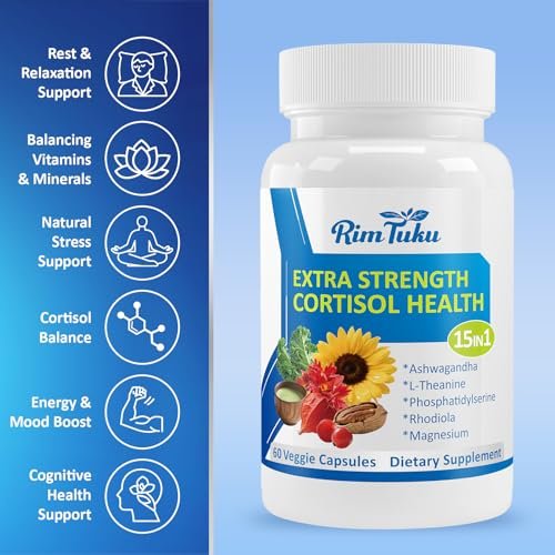 RimTuku Cortisol Supplements für Frauen & Männer - 15-in-1 Cortisol Detox, Cortisol Manager & Reducer mit Ashwagandha, Rhodiola Rosea unterstützt Stressabbau, Nebennieren-Balance, 60 Kapseln