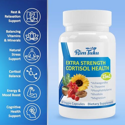 RimTuku Cortisol Supplements für Frauen & Männer - 15-in-1 Cortisol Detox, Cortisol Manager & Reducer mit Ashwagandha, Rhodiola Rosea unterstützt Stressabbau, Nebennieren-Balance, 60 Kapseln