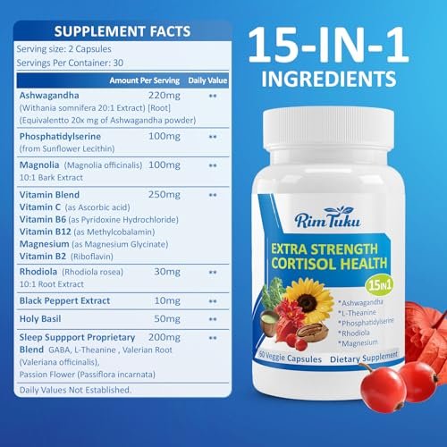 RimTuku Cortisol Supplements für Frauen & Männer - 15-in-1 Cortisol Detox, Cortisol Manager & Reducer mit Ashwagandha, Rhodiola Rosea unterstützt Stressabbau, Nebennieren-Balance, 60 Kapseln