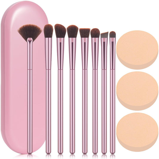 COYKROU 8-teiliges Make-up-Pinselset – Premium Lidschattenpinsel, professioneller Augenbrauenpinsel, Lippenpinsel inklusive 3 Puderquasten und rosa Aufbewahrungstasche (12-teilig)