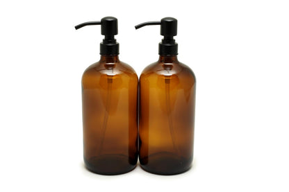 Vivaplex 2er-Set Große 32 oz Amber Glasflaschen mit Edelstahl-Matt-Schwarz Lotionpumpen
