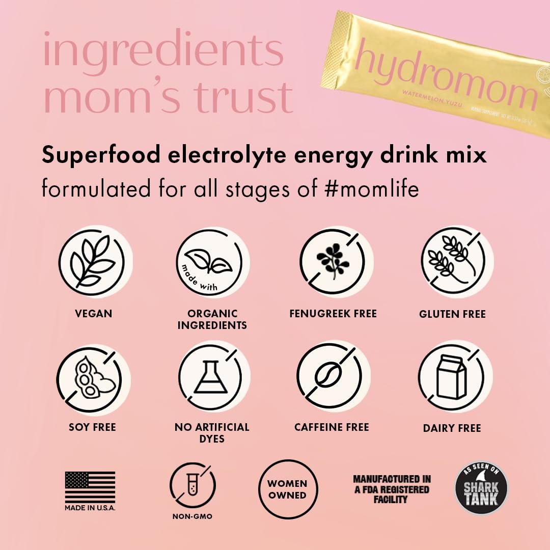 Boobie Hydromom Superfood Electrolyte Drink Mix, Wassermelone Yuzu – Erfrischender Energie- und Hydrations-Boost für Mamas | Essentiell für Schwangerschaft, Stillzeit & darüber hinaus, 10 Portionsbeutel