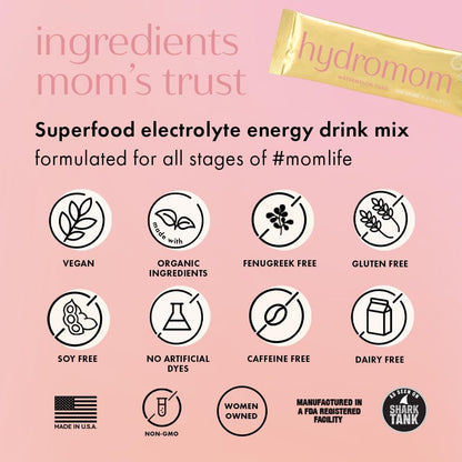 Boobie Hydromom Superfood Electrolyte Drink Mix, Wassermelone Yuzu – Erfrischender Energie- und Hydrations-Boost für Mamas | Essentiell für Schwangerschaft, Stillzeit & darüber hinaus, 10 Portionsbeutel