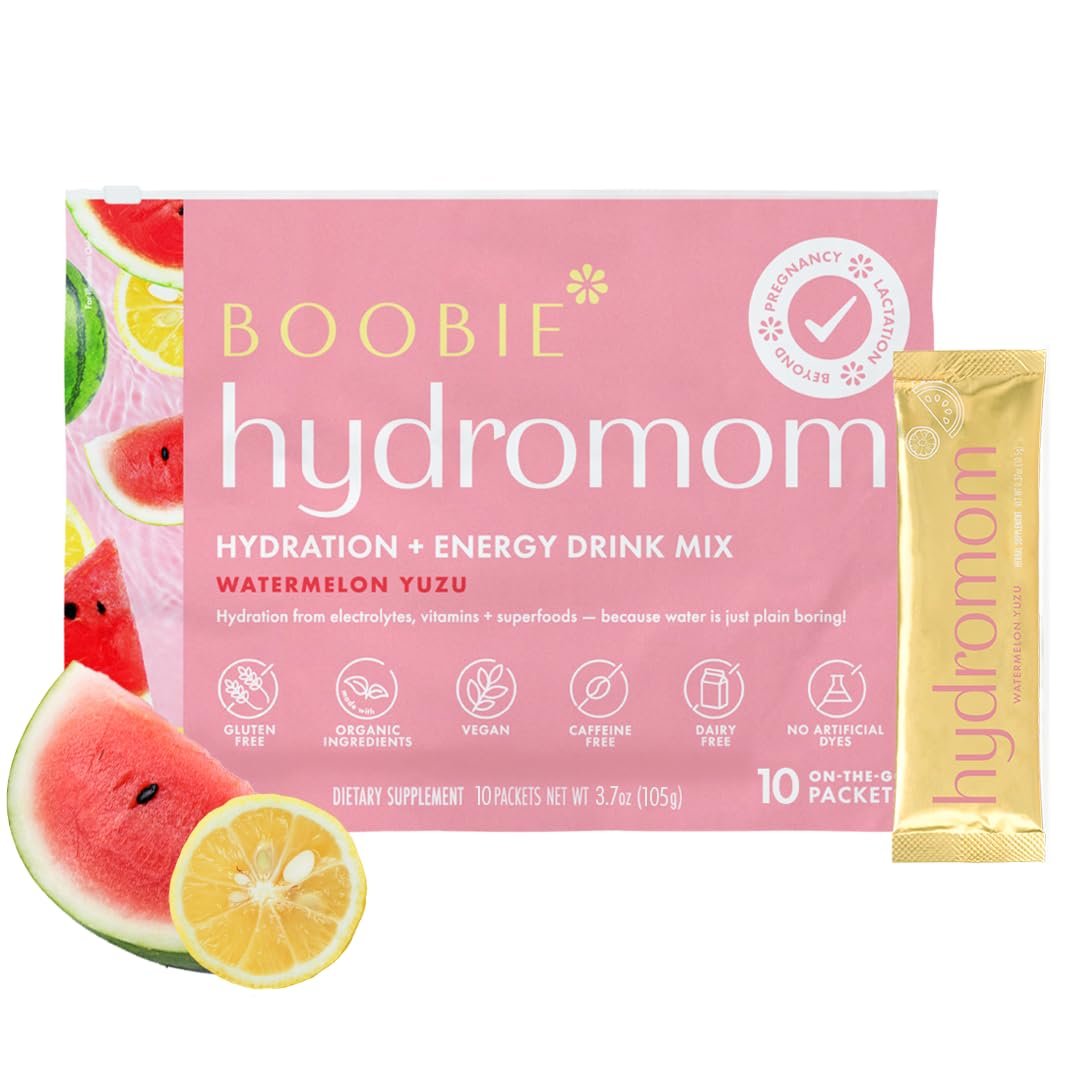 Boobie Hydromom Superfood Electrolyte Drink Mix, Wassermelone Yuzu – Erfrischender Energie- und Hydrations-Boost für Mamas | Essentiell für Schwangerschaft, Stillzeit & darüber hinaus, 10 Portionsbeutel