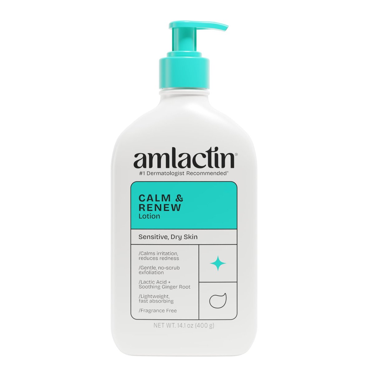AmLactin Calm & Renew Lotion – Therapeutische Körper- und Gesichtsfeuchtigkeitscreme für empfindliche Haut, sanfter Peeling-Effekt mit Milchsäure AHA und beruhigendem Ingwer, 400 ml