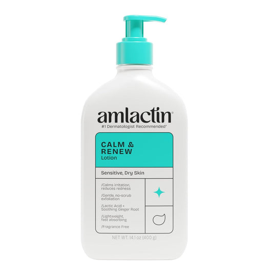 AmLactin Calm & Renew Lotion – Therapeutische Körper- und Gesichtsfeuchtigkeitscreme für empfindliche Haut, sanfter Peeling-Effekt mit Milchsäure AHA und beruhigendem Ingwer, 400 ml