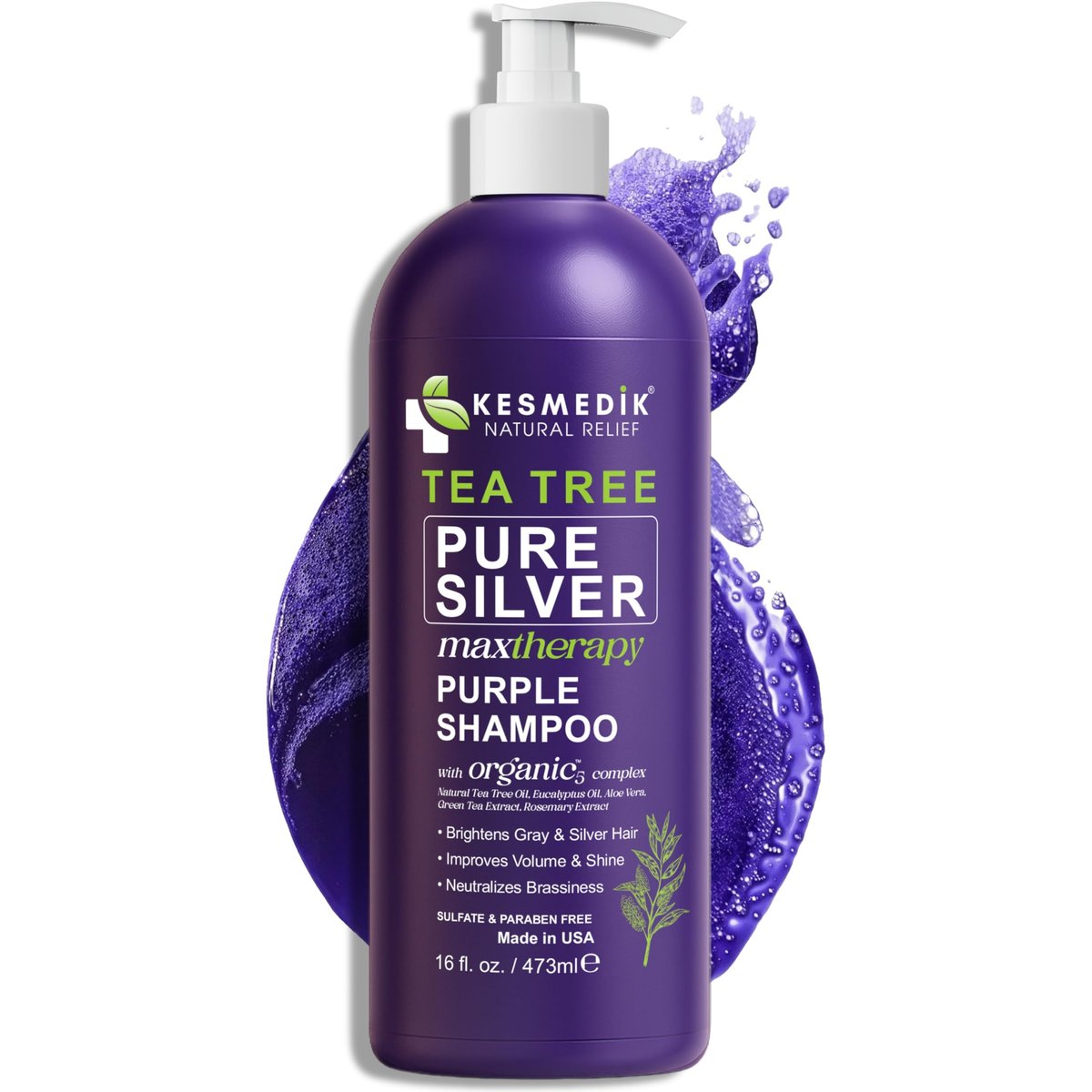 KESMEDIK Tea Tree Purple Shampoo mit Rosmarin & Aloe – Professioneller Anti-Brass-Toner für graues, gebleichtes, weißes & blondes Haar, sulfatfrei, 473 ml