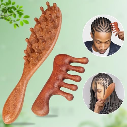 Dexspoeny 2er-Pack Loc-Kamm für Sisterlocks, Holz-Kopfhautmassagegerät für Dreadlocks, Sandelholz-Zahnkamm für Microlocs, natürliches Gua Sha-Kopfmassage-Werkzeug für Haarwachstum, Entspannung, Stress