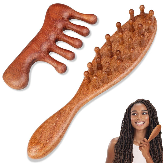 Dexspoeny 2er-Pack Loc-Kamm für Sisterlocks, Holz-Kopfhautmassagegerät für Dreadlocks, Sandelholz-Zahnkamm für Microlocs, natürliches Gua Sha-Kopfmassage-Werkzeug für Haarwachstum, Entspannung, Stress
