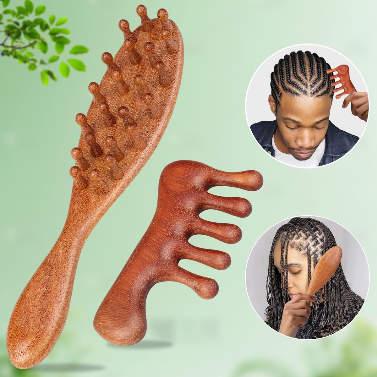 Dexspoeny 2er-Pack Loc-Kamm für Sisterlocks, Holz-Kopfhautmassagegerät für Dreadlocks, Sandelholz-Zahnkamm für Microlocs, natürliches Gua Sha-Kopfmassage-Werkzeug für Haarwachstum, Entspannung, Stress