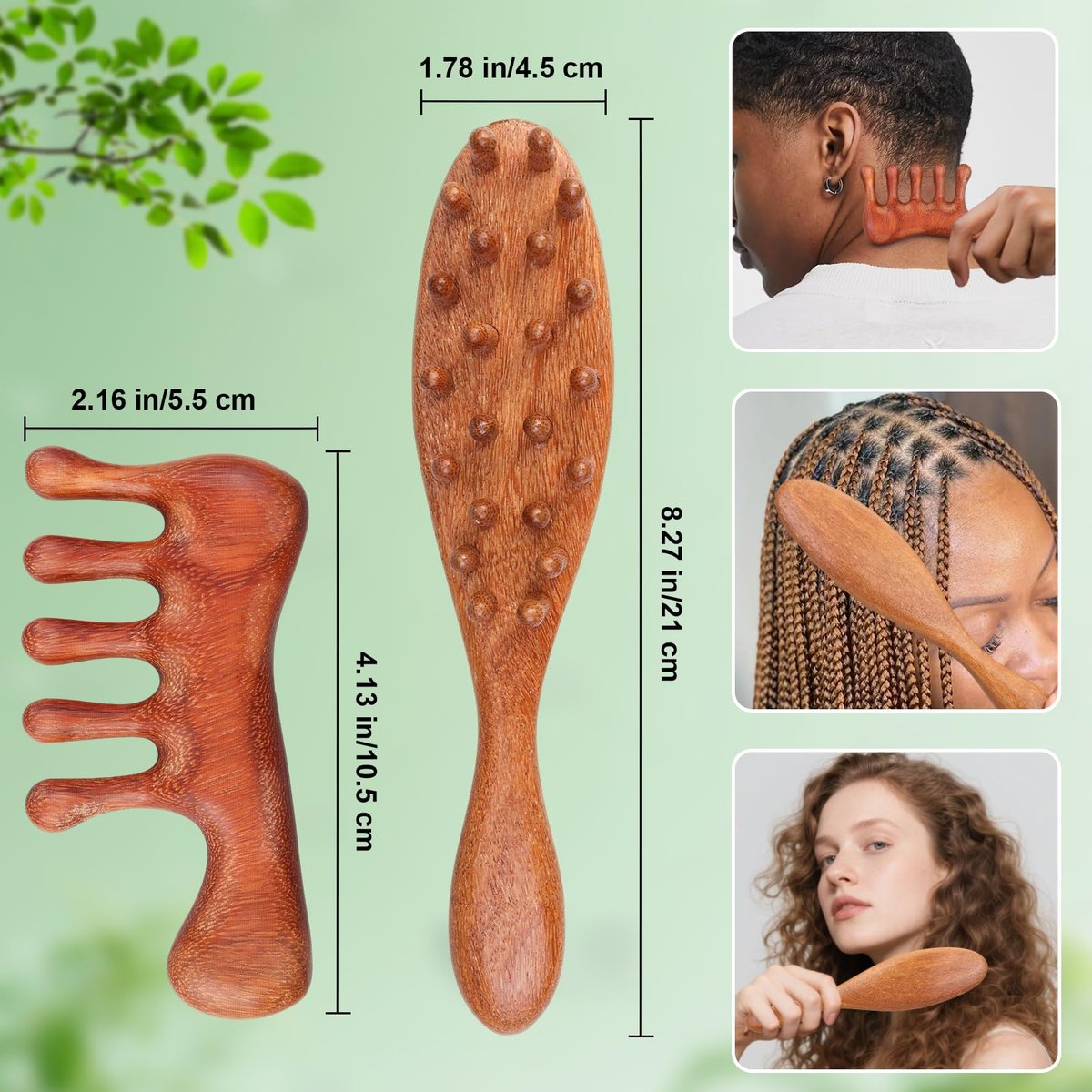 Dexspoeny 2er-Pack Loc-Kamm für Sisterlocks, Holz-Kopfhautmassagegerät für Dreadlocks, Sandelholz-Zahnkamm für Microlocs, natürliches Gua Sha-Kopfmassage-Werkzeug für Haarwachstum, Entspannung, Stress