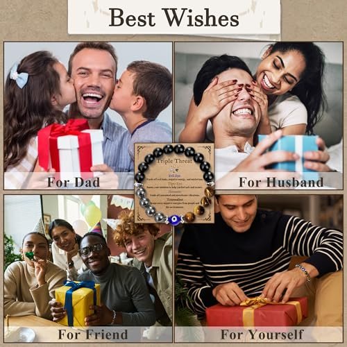 SmileBelle Triple-Schutz-Armband für Männer - Schwarzer Turmalin, Hämatit, Tigerauge und böser Blick Kristall-Armband - Vatertagsgeschenk, Geburtstagsgeschenk für Bruder