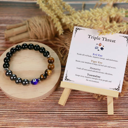 SmileBelle Triple-Schutz-Armband für Männer - Schwarzer Turmalin, Hämatit, Tigerauge und böser Blick Kristall-Armband - Vatertagsgeschenk, Geburtstagsgeschenk für Bruder