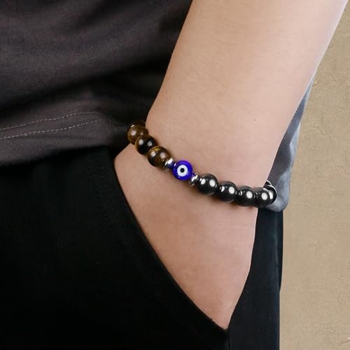 SmileBelle Triple-Schutz-Armband für Männer - Schwarzer Turmalin, Hämatit, Tigerauge und böser Blick Kristall-Armband - Vatertagsgeschenk, Geburtstagsgeschenk für Bruder