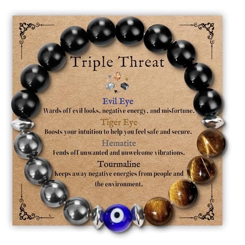 SmileBelle Triple-Schutz-Armband für Männer - Schwarzer Turmalin, Hämatit, Tigerauge und böser Blick Kristall-Armband - Vatertagsgeschenk, Geburtstagsgeschenk für Bruder