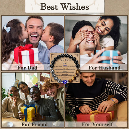 SmileBelle Triple-Schutz-Armband für Männer - Schwarzer Turmalin, Hämatit, Tigerauge und böser Blick Kristall-Armband - Vatertagsgeschenk, Geburtstagsgeschenk für Bruder