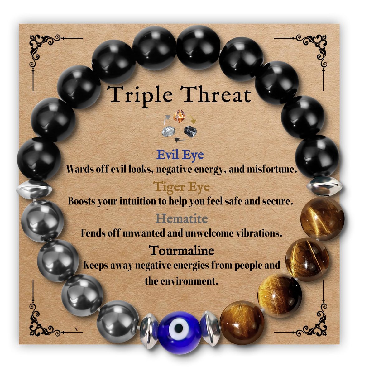 SmileBelle Triple-Schutz-Armband für Männer - Schwarzer Turmalin, Hämatit, Tigerauge und böser Blick Kristall-Armband - Vatertagsgeschenk, Geburtstagsgeschenk für Bruder