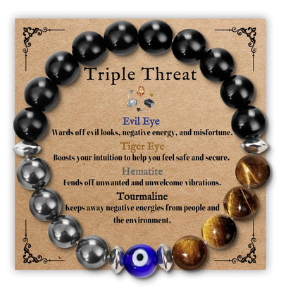 SmileBelle Triple-Schutz-Armband für Männer - Schwarzer Turmalin, Hämatit, Tigerauge und böser Blick Kristall-Armband - Vatertagsgeschenk, Geburtstagsgeschenk für Bruder