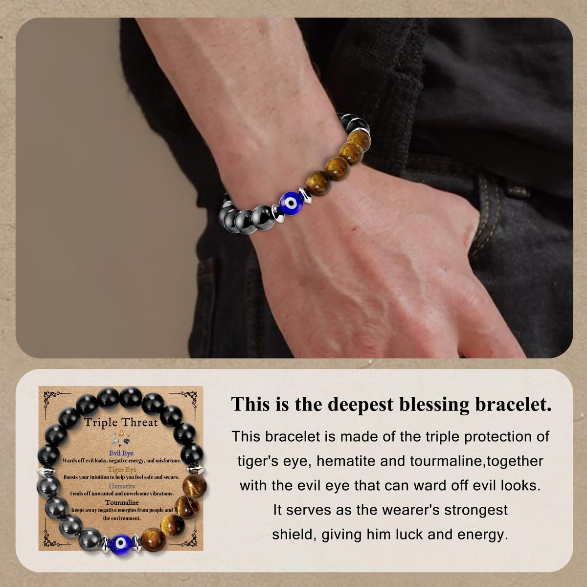SmileBelle Triple-Schutz-Armband für Männer - Schwarzer Turmalin, Hämatit, Tigerauge und böser Blick Kristall-Armband - Vatertagsgeschenk, Geburtstagsgeschenk für Bruder