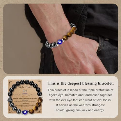 SmileBelle Triple-Schutz-Armband für Männer - Schwarzer Turmalin, Hämatit, Tigerauge und böser Blick Kristall-Armband - Vatertagsgeschenk, Geburtstagsgeschenk für Bruder