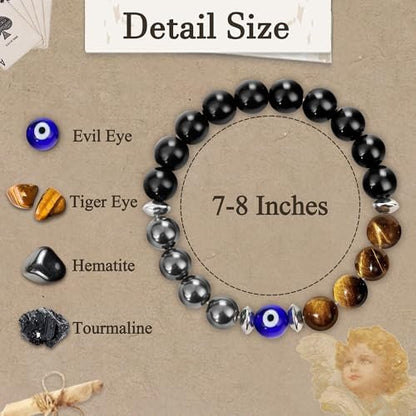 SmileBelle Triple-Schutz-Armband für Männer - Schwarzer Turmalin, Hämatit, Tigerauge und böser Blick Kristall-Armband - Vatertagsgeschenk, Geburtstagsgeschenk für Bruder
