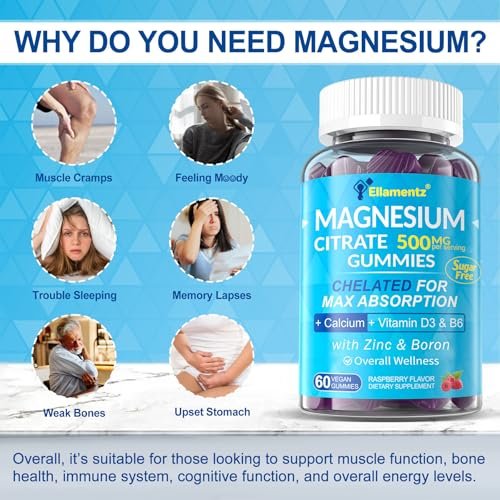 ELLAMENTZ Zuckerfreie Magnesiumcitrat Gummibärchen 500mg für Frauen und Männer, Chelat-Magnesium mit B6 gegen Verstopfung, Beruhigende Magnesium Gummis für die Stimmung, Calcium Magnesium Zink D3 für Knochen und Muskeln, 60 Stück