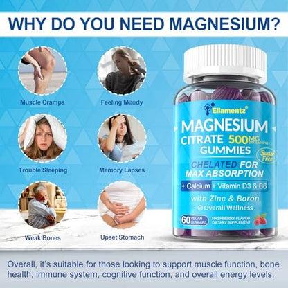 ELLAMENTZ Zuckerfreie Magnesiumcitrat Gummibärchen 500mg für Frauen und Männer, Chelat-Magnesium mit B6 gegen Verstopfung, Beruhigende Magnesium Gummis für die Stimmung, Calcium Magnesium Zink D3 für Knochen und Muskeln, 60 Stück