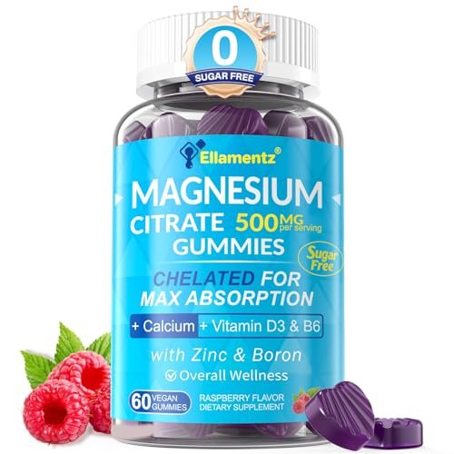 ELLAMENTZ Zuckerfreie Magnesiumcitrat Gummibärchen 500mg für Frauen und Männer, Chelat-Magnesium mit B6 gegen Verstopfung, Beruhigende Magnesium Gummis für die Stimmung, Calcium Magnesium Zink D3 für Knochen und Muskeln, 60 Stück