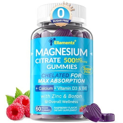 ELLAMENTZ Zuckerfreie Magnesiumcitrat Gummibärchen 500mg für Frauen und Männer, Chelat-Magnesium mit B6 gegen Verstopfung, Beruhigende Magnesium Gummis für die Stimmung, Calcium Magnesium Zink D3 für Knochen und Muskeln, 60 Stück