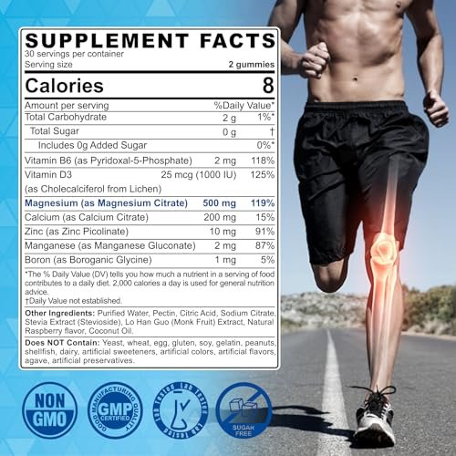 ELLAMENTZ Zuckerfreie Magnesiumcitrat Gummibärchen 500mg für Frauen und Männer, Chelat-Magnesium mit B6 gegen Verstopfung, Beruhigende Magnesium Gummis für die Stimmung, Calcium Magnesium Zink D3 für Knochen und Muskeln, 60 Stück