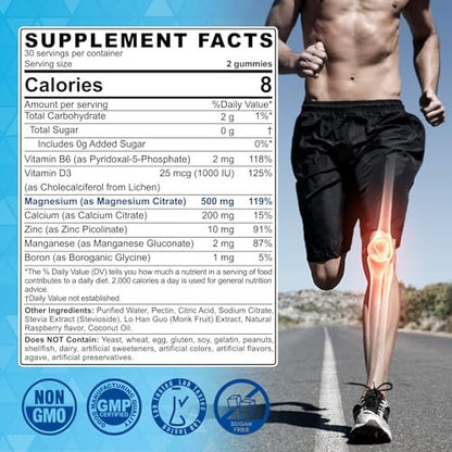 ELLAMENTZ Zuckerfreie Magnesiumcitrat Gummibärchen 500mg für Frauen und Männer, Chelat-Magnesium mit B6 gegen Verstopfung, Beruhigende Magnesium Gummis für die Stimmung, Calcium Magnesium Zink D3 für Knochen und Muskeln, 60 Stück
