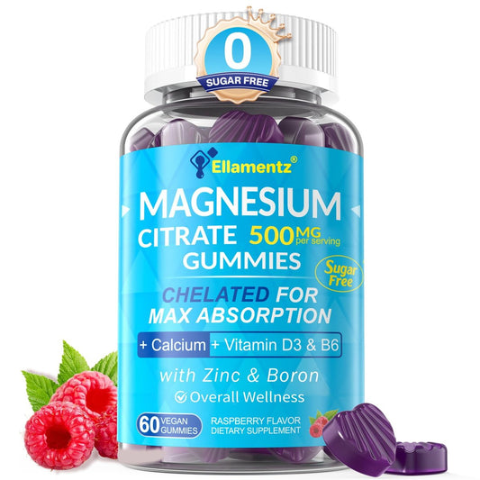 ELLAMENTZ Zuckerfreie Magnesiumcitrat Gummibärchen 500mg für Frauen und Männer, Chelat-Magnesium mit B6 gegen Verstopfung, Beruhigende Magnesium Gummis für die Stimmung, Calcium Magnesium Zink D3 für Knochen und Muskeln, 60 Stück