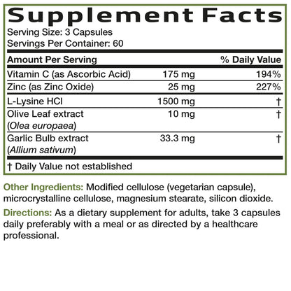 Bronson L-Lysin Abwehr-Immun-Komplex 1500 mg mit Olivenblatt, Knoblauch, Vitamin C und Zink - Non-GMO, 180 vegane Kapseln