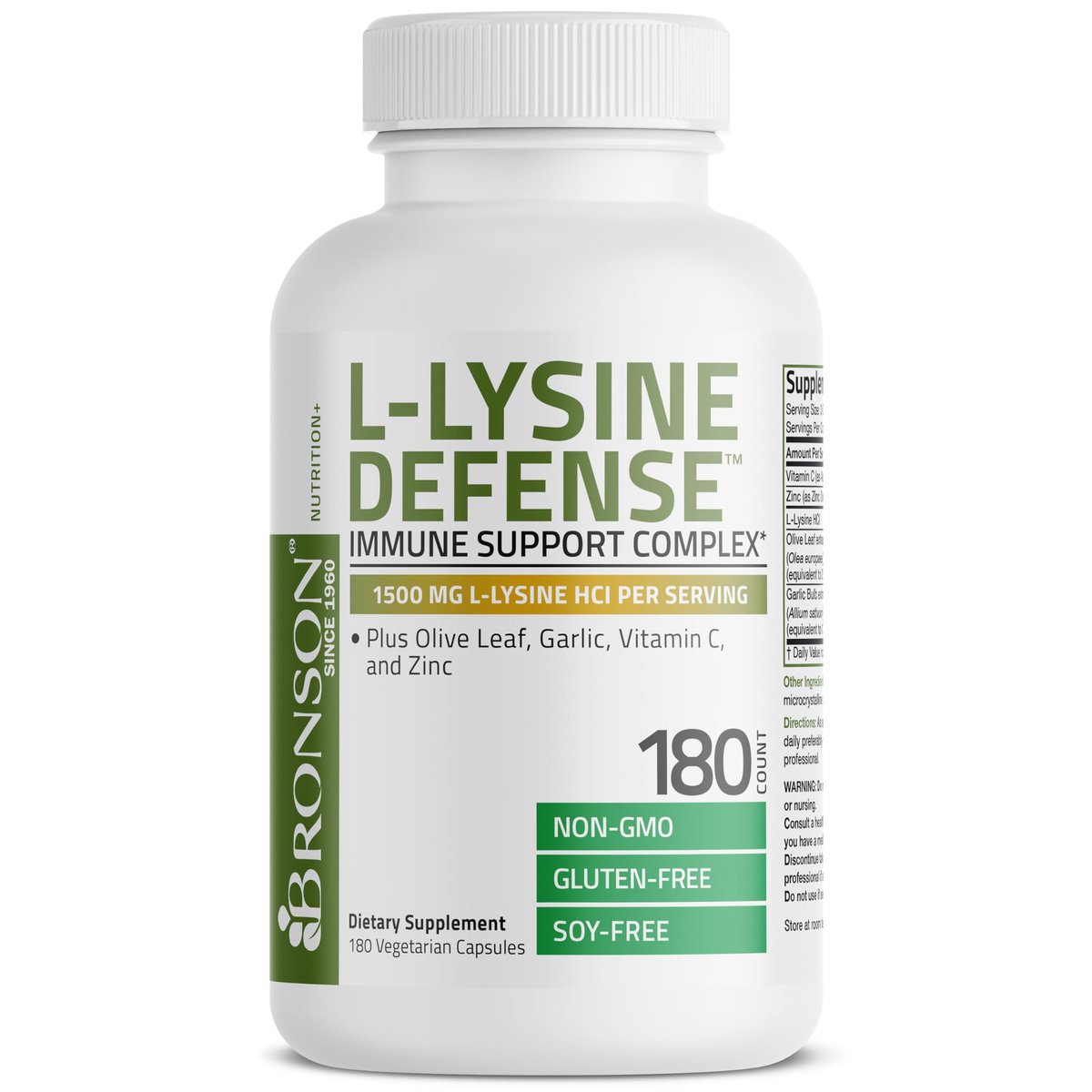 Bronson L-Lysin Abwehr-Immun-Komplex 1500 mg mit Olivenblatt, Knoblauch, Vitamin C und Zink - Non-GMO, 180 vegane Kapseln