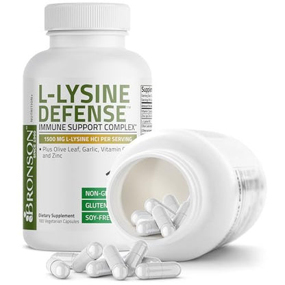 Bronson L-Lysin Abwehr-Immun-Komplex 1500 mg mit Olivenblatt, Knoblauch, Vitamin C und Zink - Non-GMO, 180 vegane Kapseln