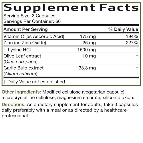 Bronson L-Lysin Abwehr-Immun-Komplex 1500 mg mit Olivenblatt, Knoblauch, Vitamin C und Zink - Non-GMO, 180 vegane Kapseln