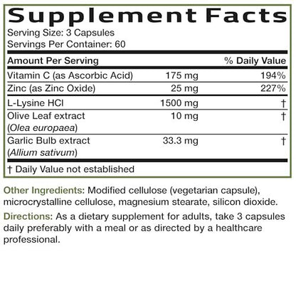 Bronson L-Lysin Abwehr-Immun-Komplex 1500 mg mit Olivenblatt, Knoblauch, Vitamin C und Zink - Non-GMO, 180 vegane Kapseln