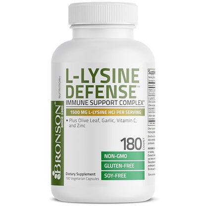 Bronson L-Lysin Abwehr-Immun-Komplex 1500 mg mit Olivenblatt, Knoblauch, Vitamin C und Zink - Non-GMO, 180 vegane Kapseln