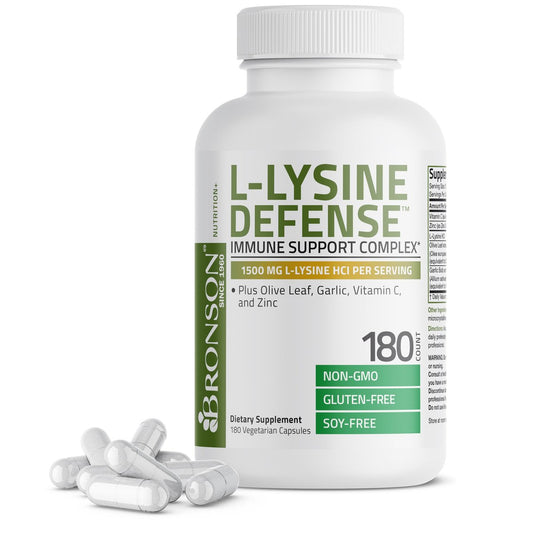 Bronson L-Lysin Abwehr-Immun-Komplex 1500 mg mit Olivenblatt, Knoblauch, Vitamin C und Zink - Non-GMO, 180 vegane Kapseln