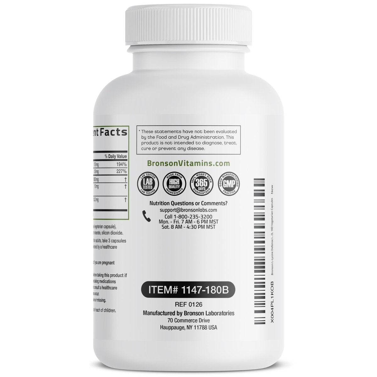 Bronson L-Lysin Abwehr-Immun-Komplex 1500 mg mit Olivenblatt, Knoblauch, Vitamin C und Zink - Non-GMO, 180 vegane Kapseln