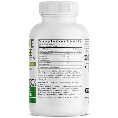 Bronson L-Lysin Abwehr-Immun-Komplex 1500 mg mit Olivenblatt, Knoblauch, Vitamin C und Zink - Non-GMO, 180 vegane Kapseln