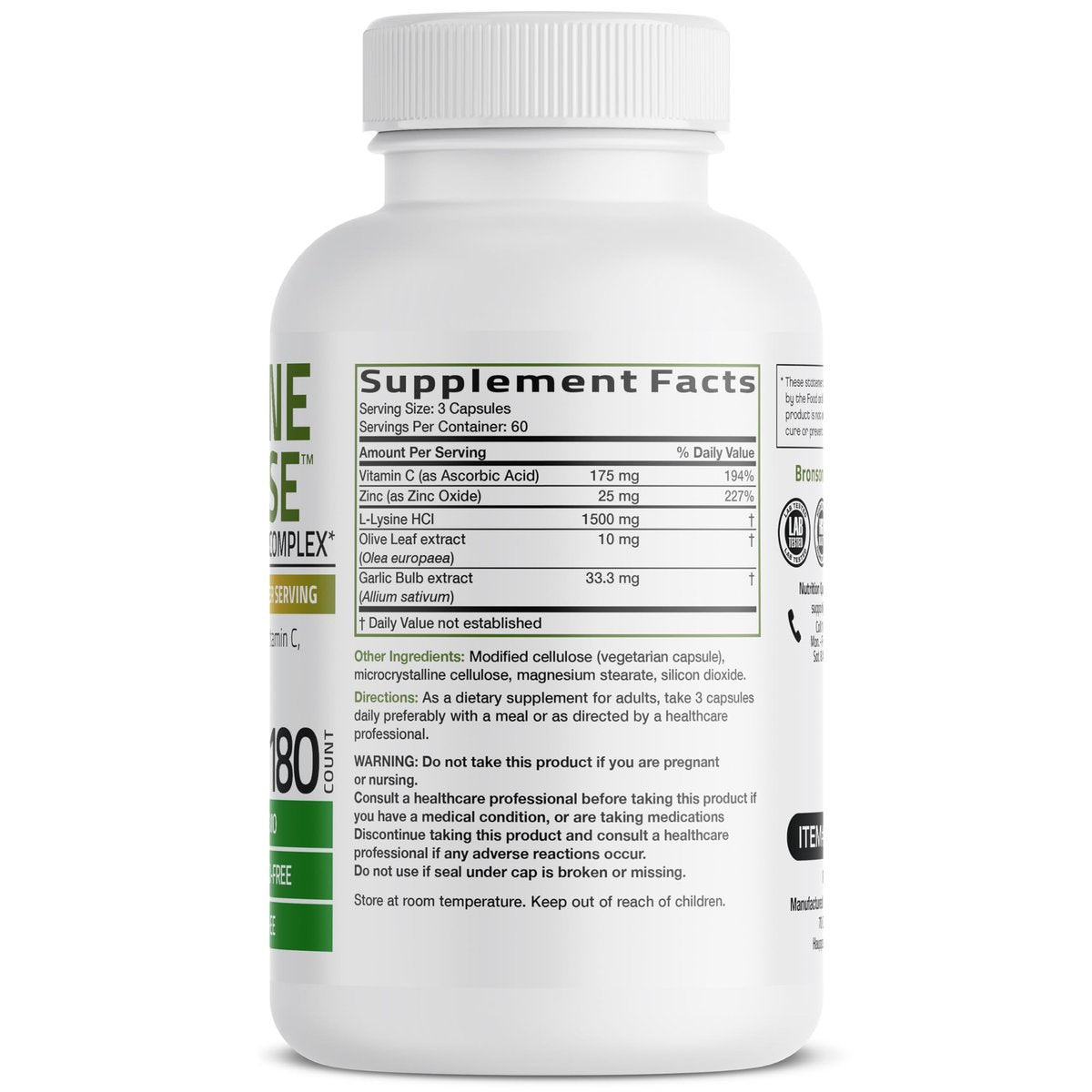 Bronson L-Lysin Abwehr-Immun-Komplex 1500 mg mit Olivenblatt, Knoblauch, Vitamin C und Zink - Non-GMO, 180 vegane Kapseln