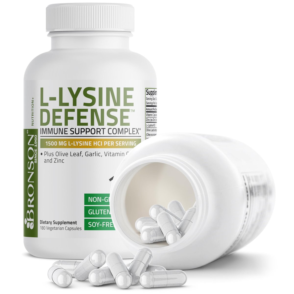 Bronson L-Lysin Abwehr-Immun-Komplex 1500 mg mit Olivenblatt, Knoblauch, Vitamin C und Zink - Non-GMO, 180 vegane Kapseln