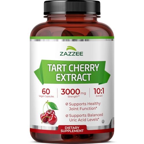 Zazzee Sauerkirsch 10:1 Extrakt, 60 vegane Kapseln, 2-Monats-Vorrat, Montmorency-Kirsche, koscher zertifiziert, Gelenk- & Harnsäureunterstützung, Antioxidantien-Formel, Non-GMO, hergestellt in den USA