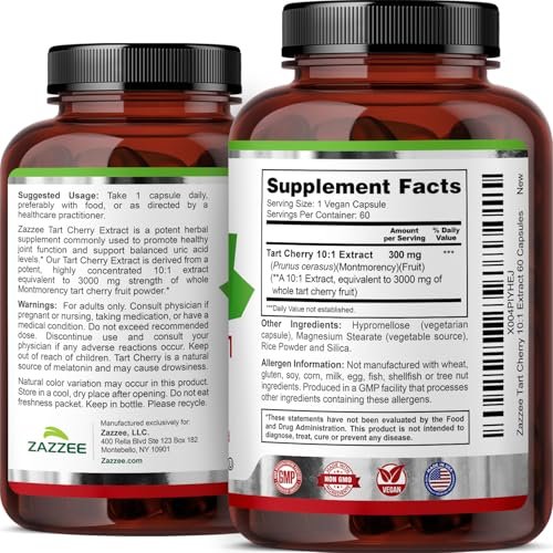 Zazzee Sauerkirsch 10:1 Extrakt, 60 vegane Kapseln, 2-Monats-Vorrat, Montmorency-Kirsche, koscher zertifiziert, Gelenk- & Harnsäureunterstützung, Antioxidantien-Formel, Non-GMO, hergestellt in den USA
